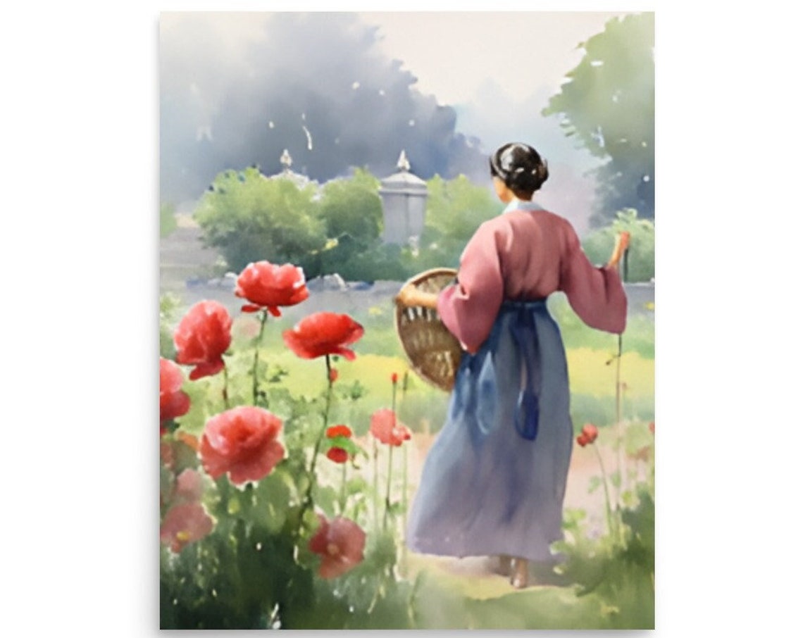 Woman In Flowers Garden Painting Tuscany Farmhouse Landscape Watercolor Art Print Woman From Behind Portrait Art Flowers Garden Artwork