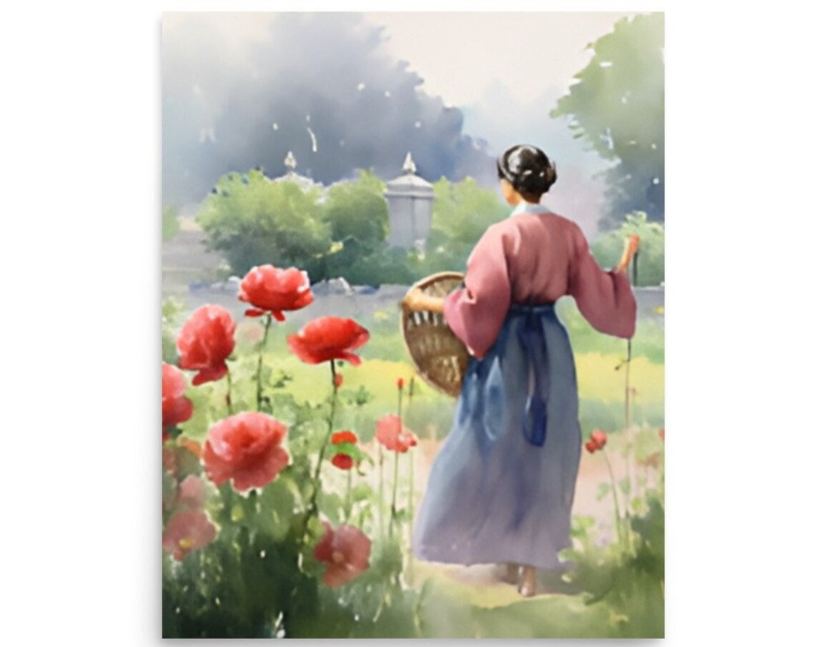 Woman in Poppy Garden With Basket From Behind Watercolor Art Poster