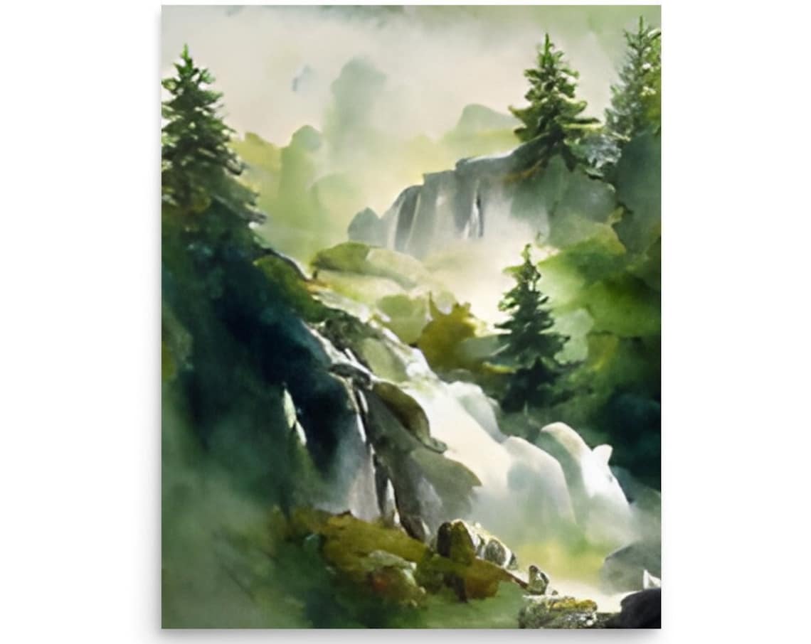 Misty Waterfall Cascading Through Foggy Green Forest Watercolor Print