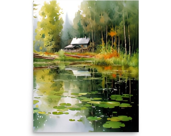Lake Washington Painting Lake Cabin Watercolor Art Print Forest Lake Wall Art Washington Landscape Art Pine Trees And Lake Log Cabin Decor