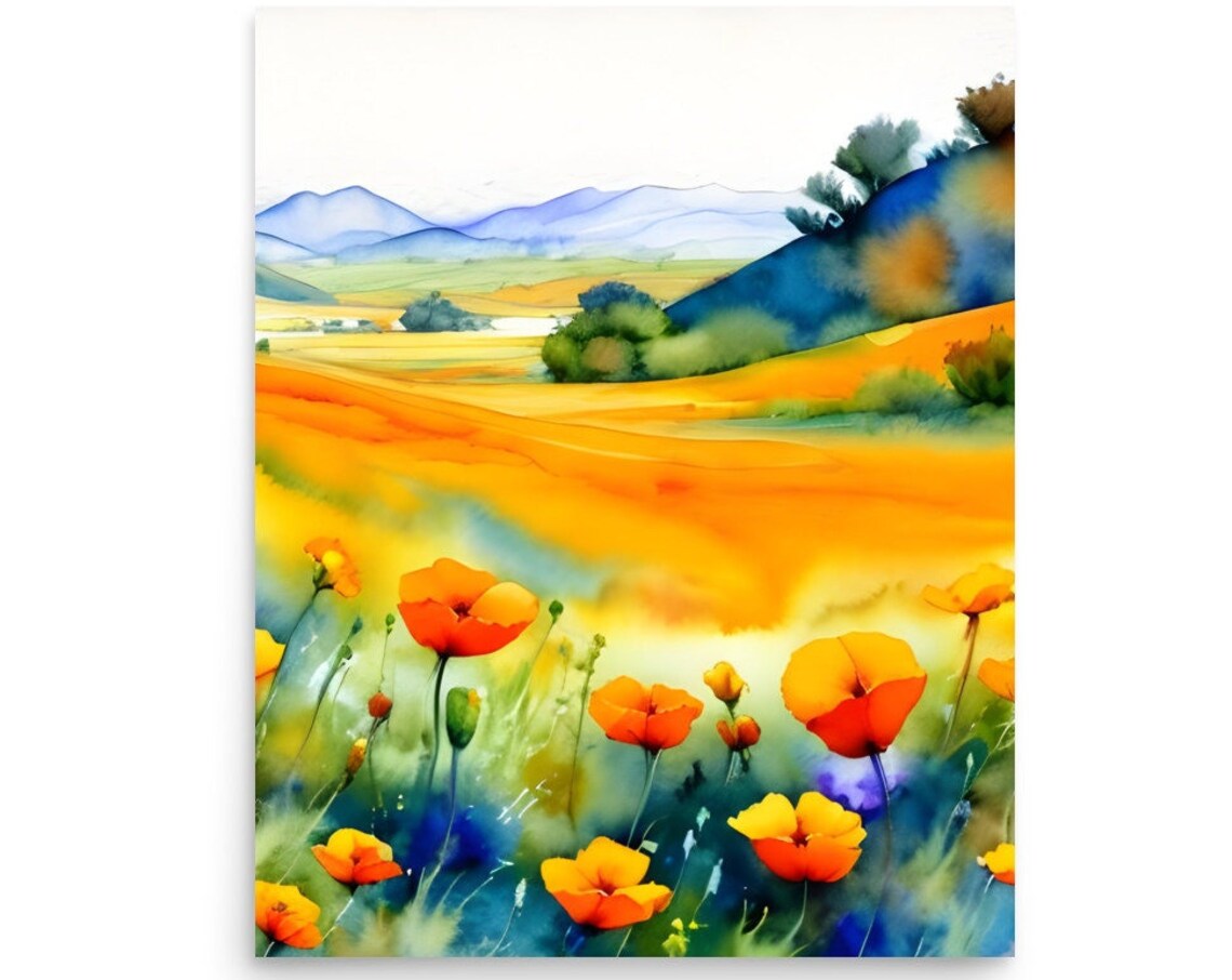 Californian Field Of Poppies Watercolor Art Print
