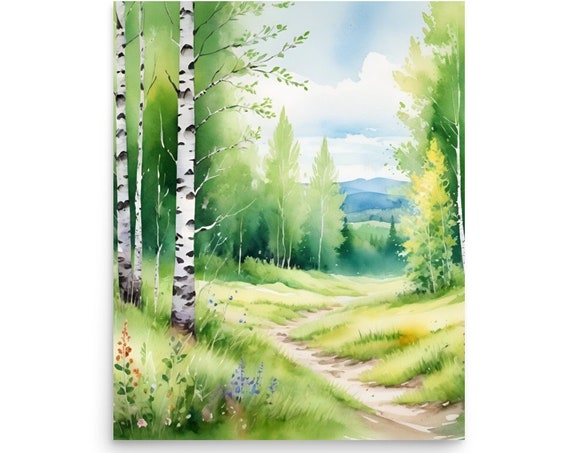 Aspen Hiking Trail in Birch Forest, Watercolor Art Print