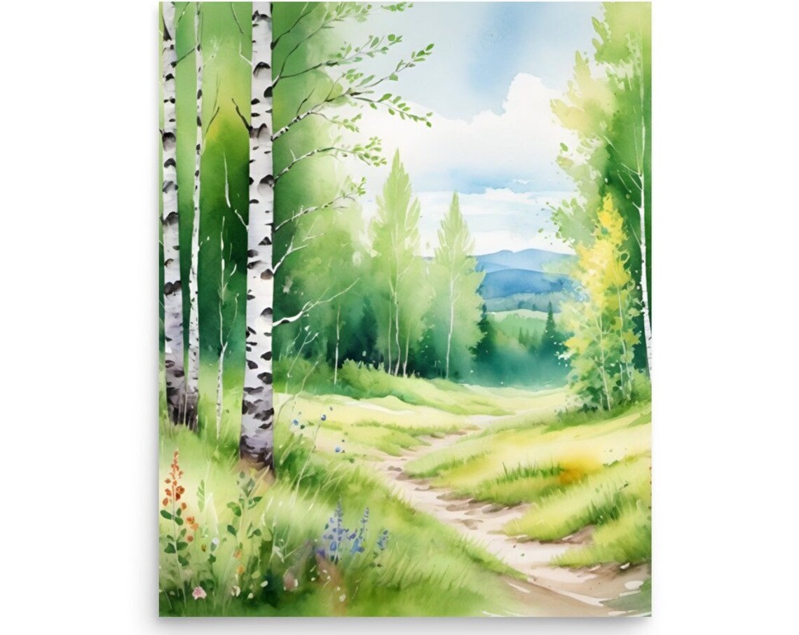 Aspen Hiking Trail in Birch Forest, Watercolor Art Print