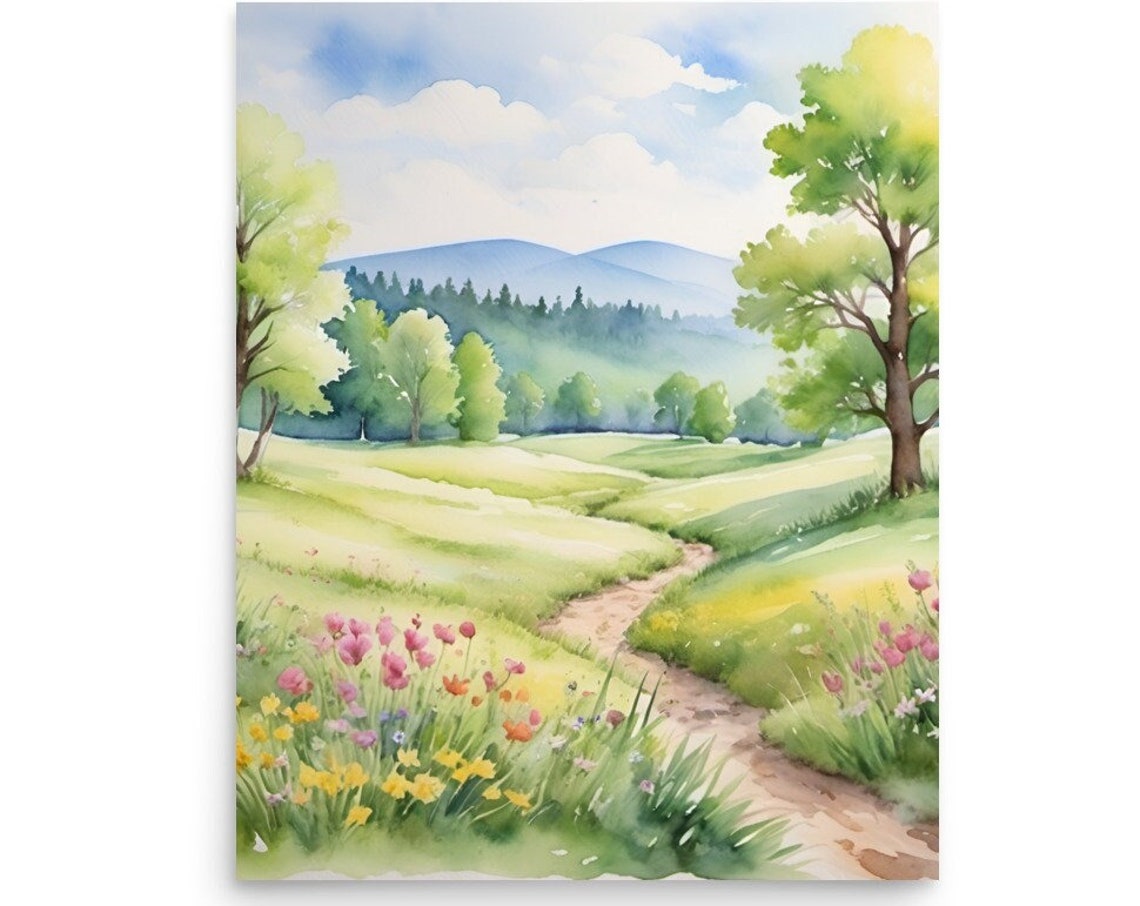 Spring Wildflower Meadow Path Trees Mountains Watercolor Poster