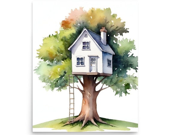 Tree House Painting Childrens Tree House Watercolor Art Print White Cottage Wall Art Tree Cottage Print Tree Painting Nursety Wall Decor