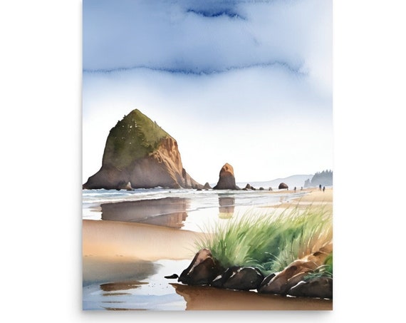 Cannon Beach Watercolor Travel Poster, Oregon Coast