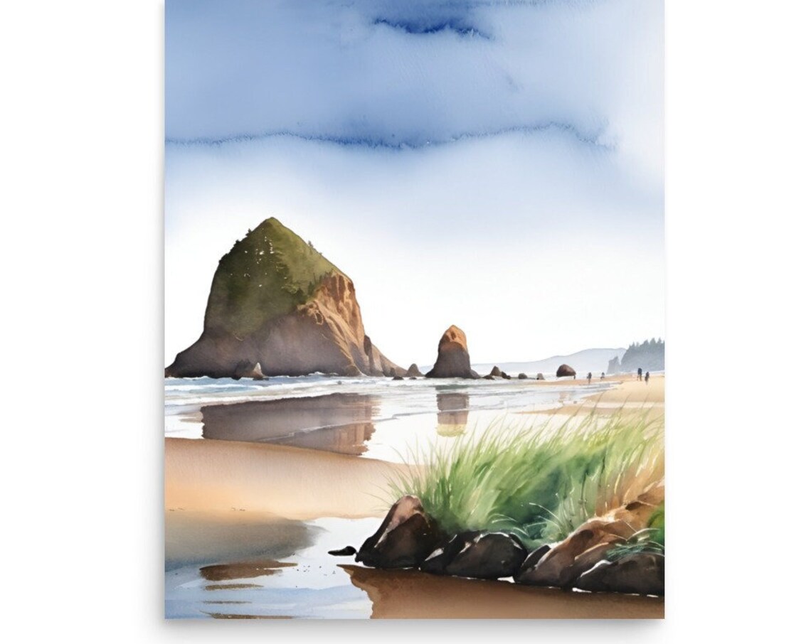 Cannon Beach Watercolor Travel Poster, Oregon Coast