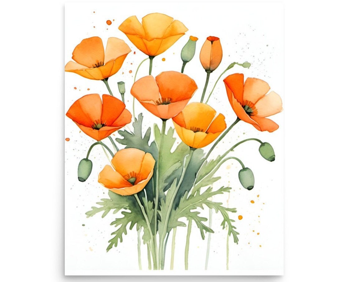California Poppies Painting Orange Poppies Watercolor Art Print Orange Poppy Flowers Wall Art Watercolor Floral Art Neutral Botanical Art
