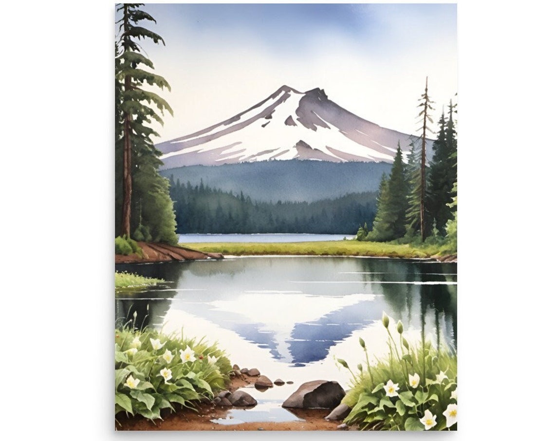 Trillium Lake Painting Mt Hood National Forest Watercolor Art Print Oregon Landscape Wall Art Mountain Lake Pine Trees And Wildflowers Print
