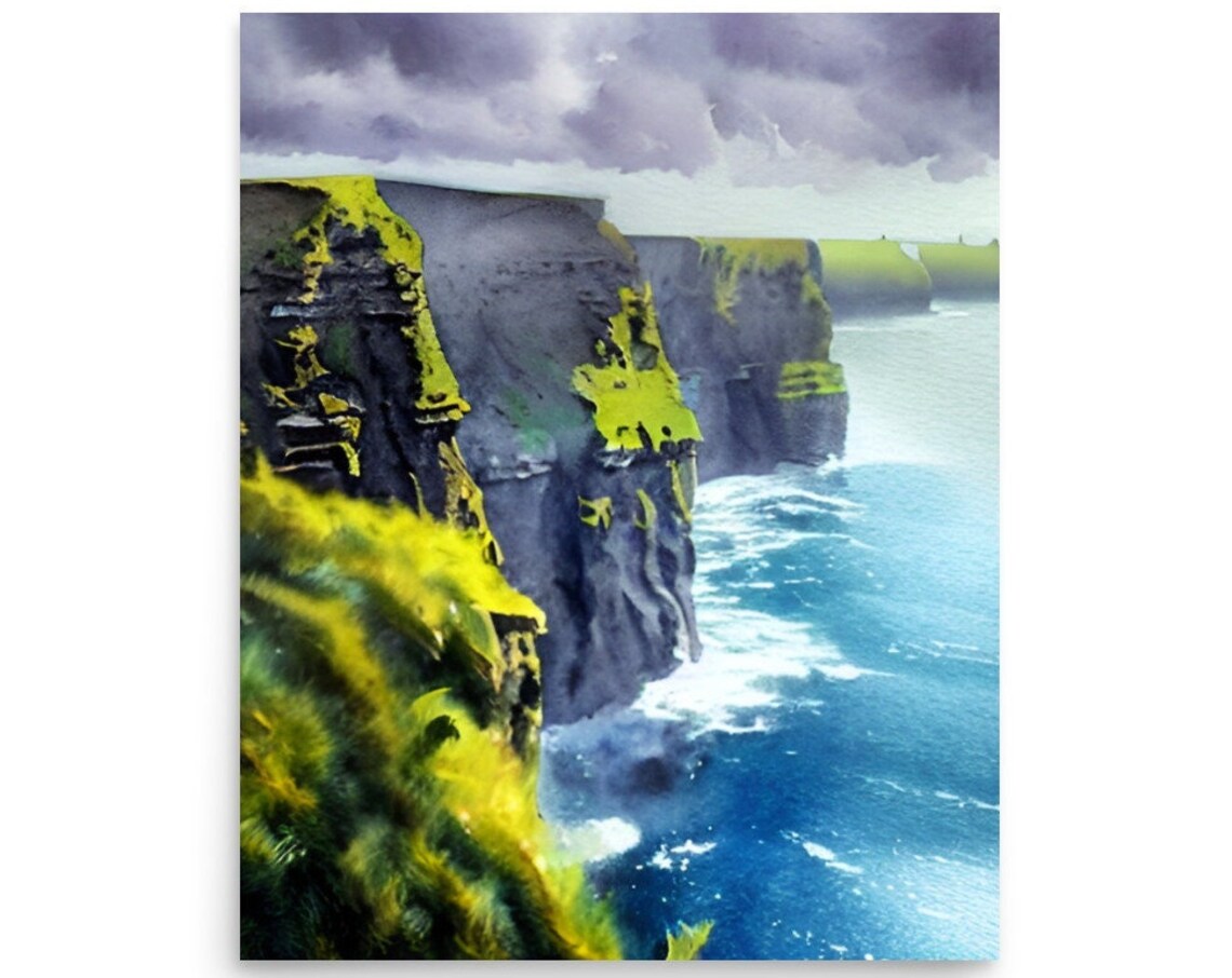 Dramatic Sea Cliffs Blue Ocean Stormy Sky Coastal Watercolor Poster