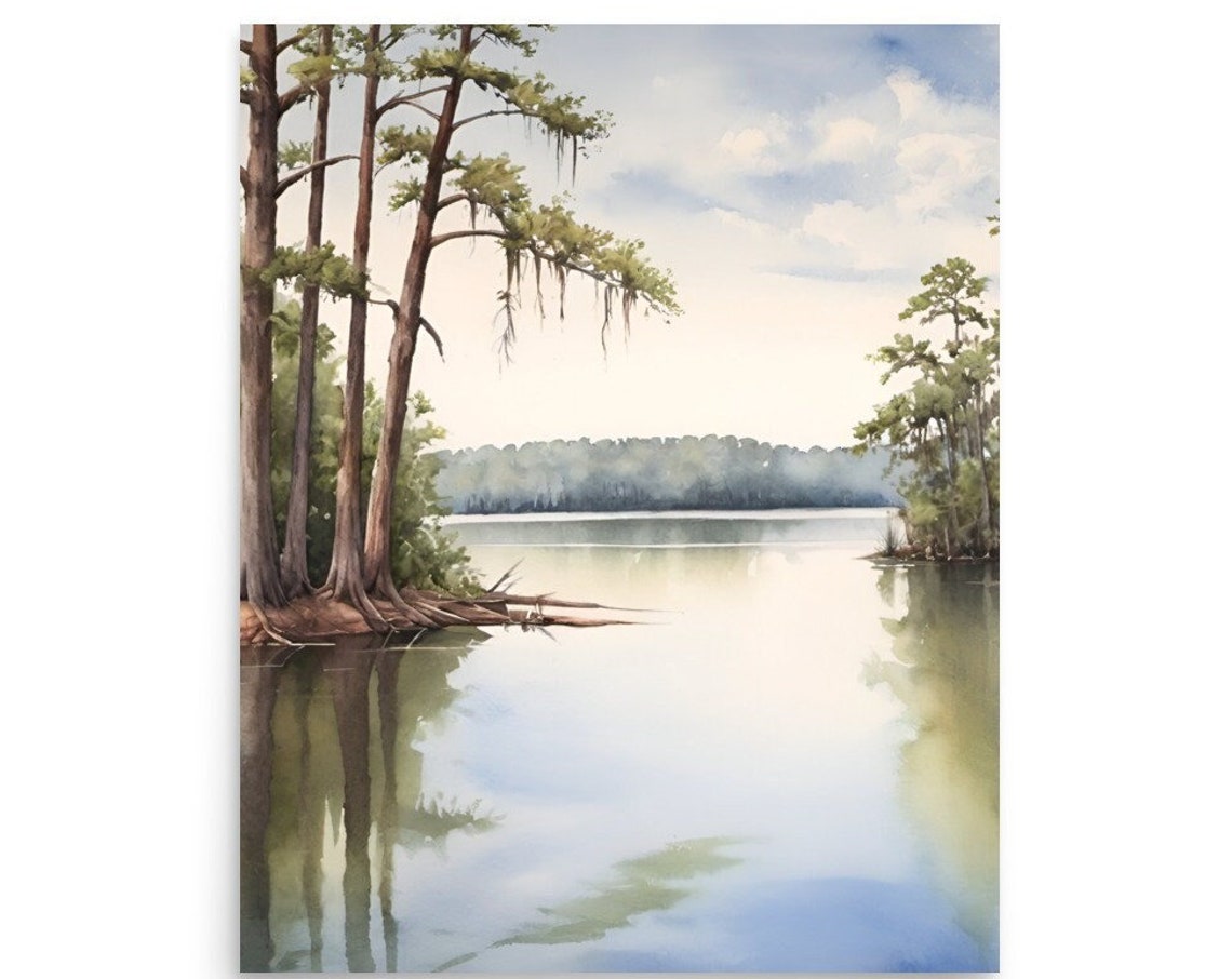 Lake Martin Painting Louisiana Landscape Watercolor Print Louisianas Swamplands Wall Art Southesteren Wetlands Art New Orleans Landscape