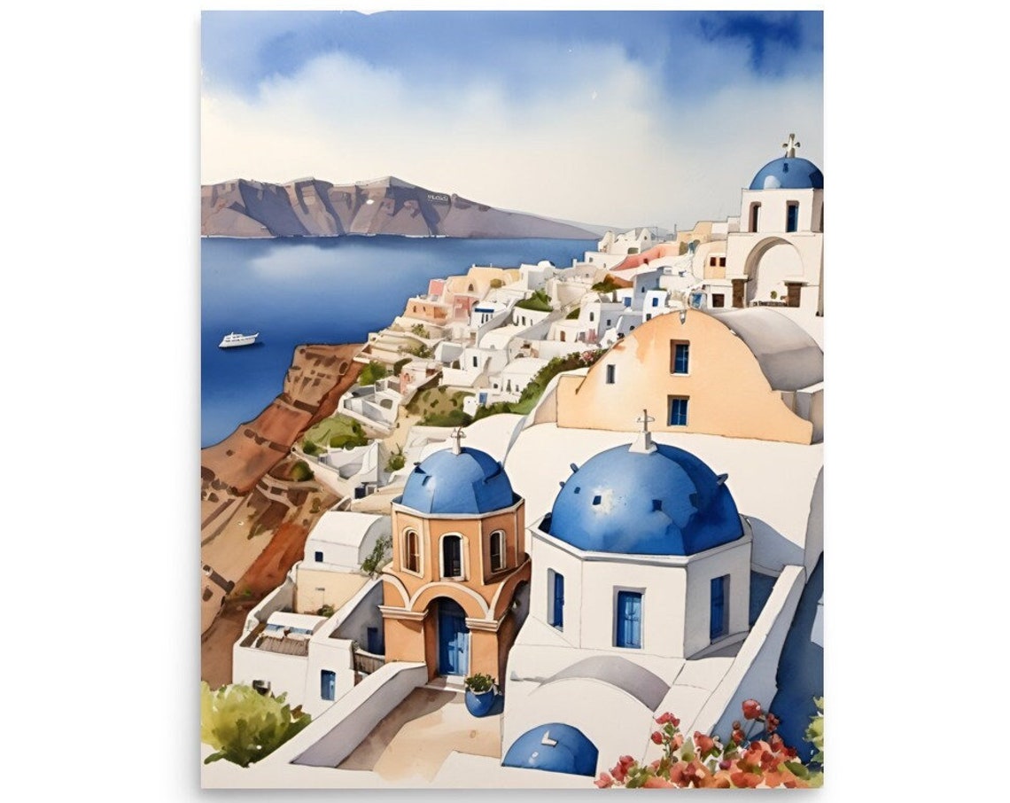 Santorini Blue Domed Churches White Buildings Watercolor Poster
