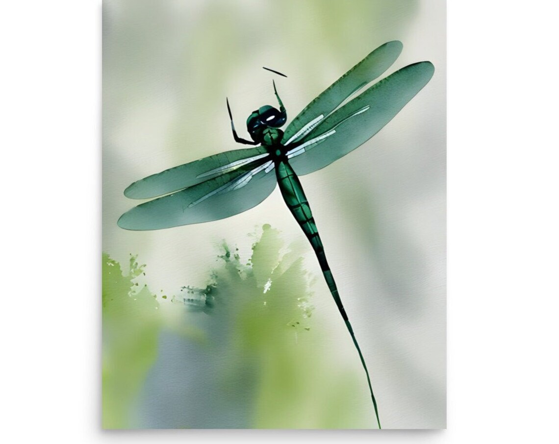 Dragonfly Watercolor Print, Botanical Wall Art