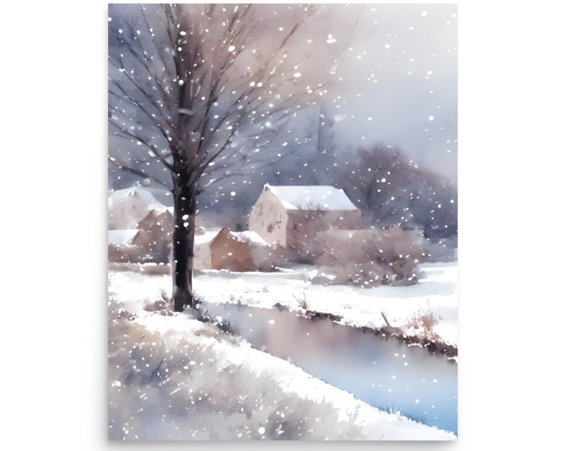 Vermont Painting Winter Country Landscape Watercolor Art Print Small Lake And House Panoramic Snowy Landscape Art Print Winter In Vermont