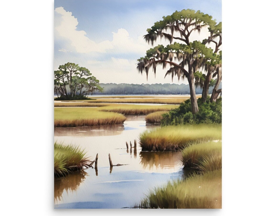 Marsh Painting Charleston Lowcountry Watercolor Art Print Neutral Landscape Wall Art Beige Gree Art Salt Marsh Watercolor Painting Print