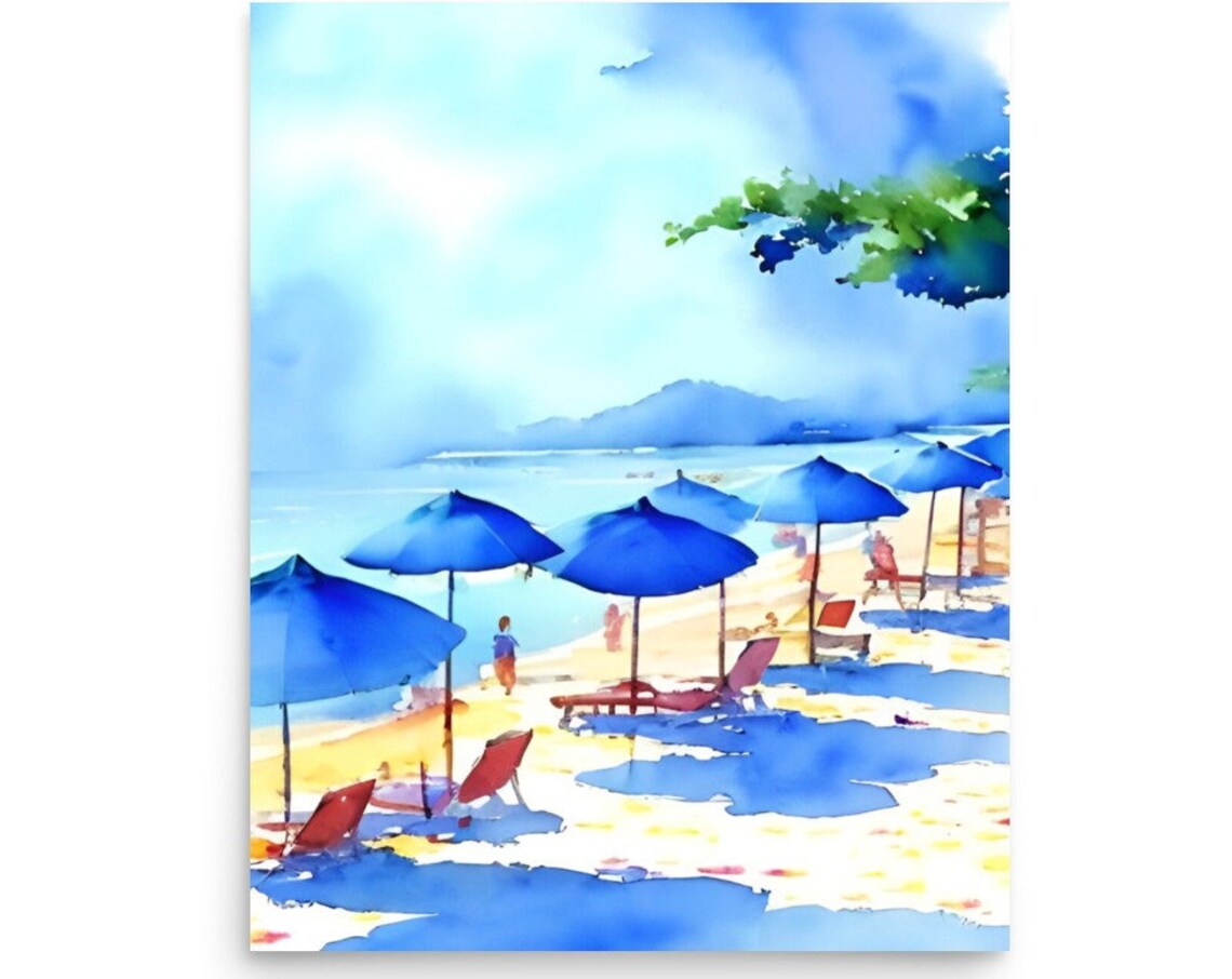 Florida Beach Blue Umbrellas Sunny Summer Coast Watercolor Poster