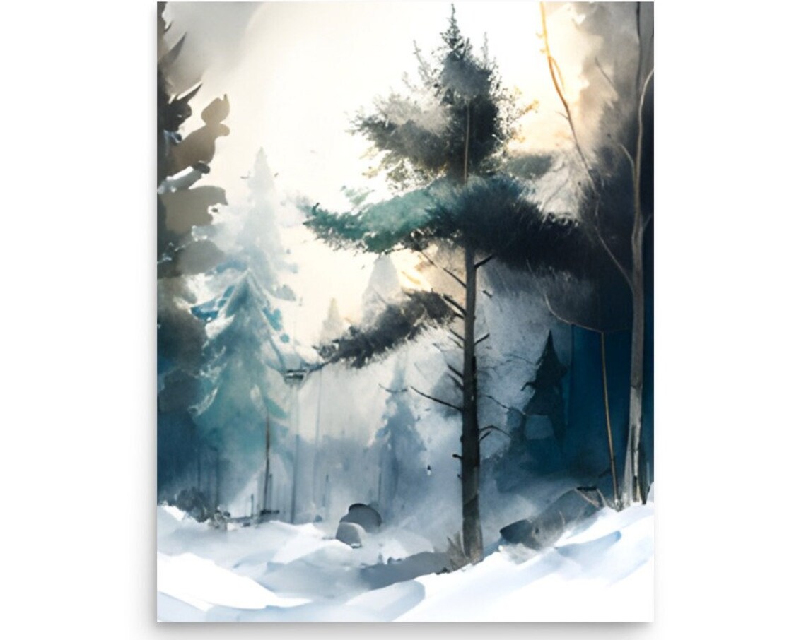 Snowy Winter Pine Forest Watercolor With Soft Breaking Sunlight Poster