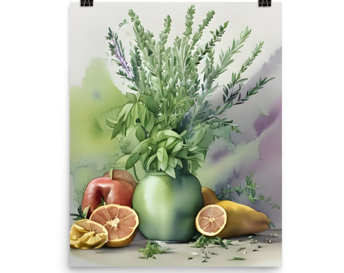 Herb Bouquet In Green Vase With Sliced Citrus Watercolor Kitchen Print