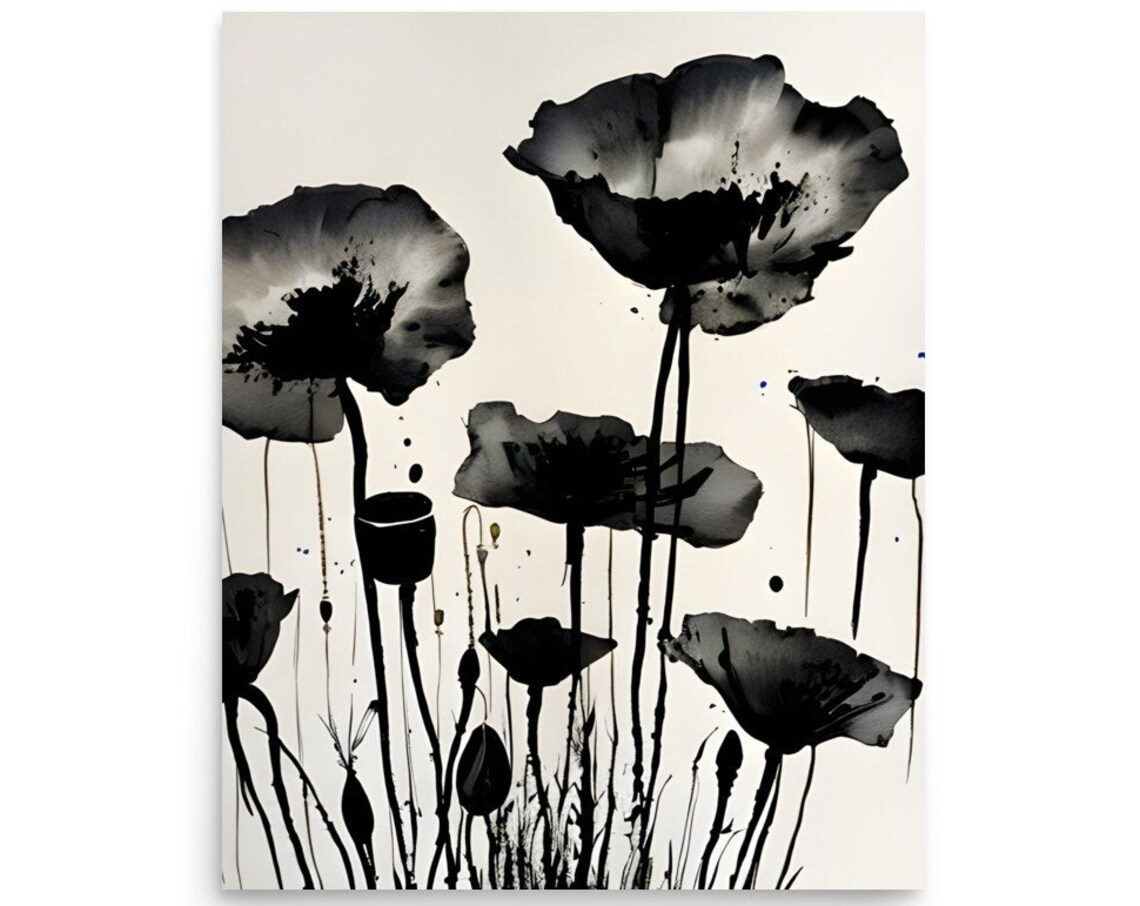 Black White Poppy Flowers Ink Watercolor Sketch Botanical Art Poster