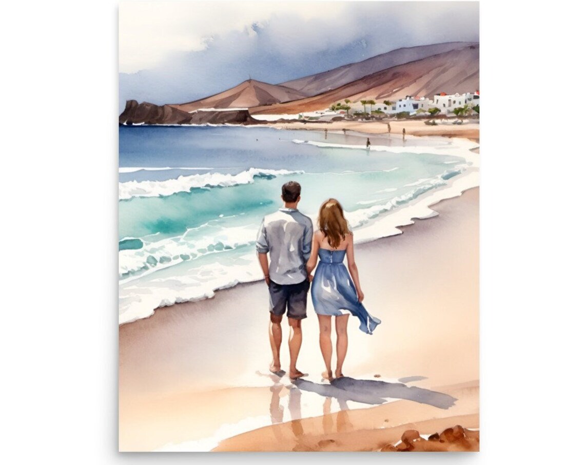 Couple Walking On Beach Watercolor Romantic Seaside Travel Art Poster