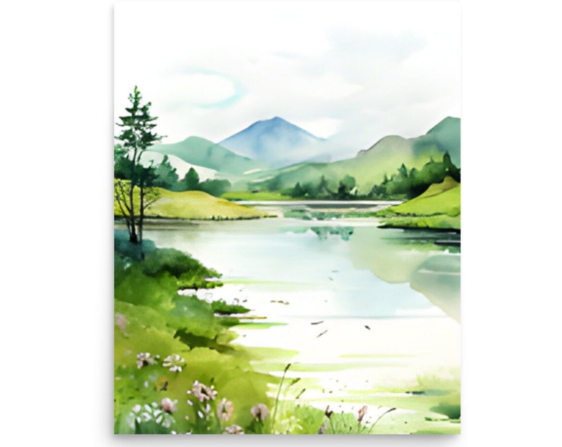 Spring Mountain Lake Wildflower Meadow Fresh Green Watercolor Poster