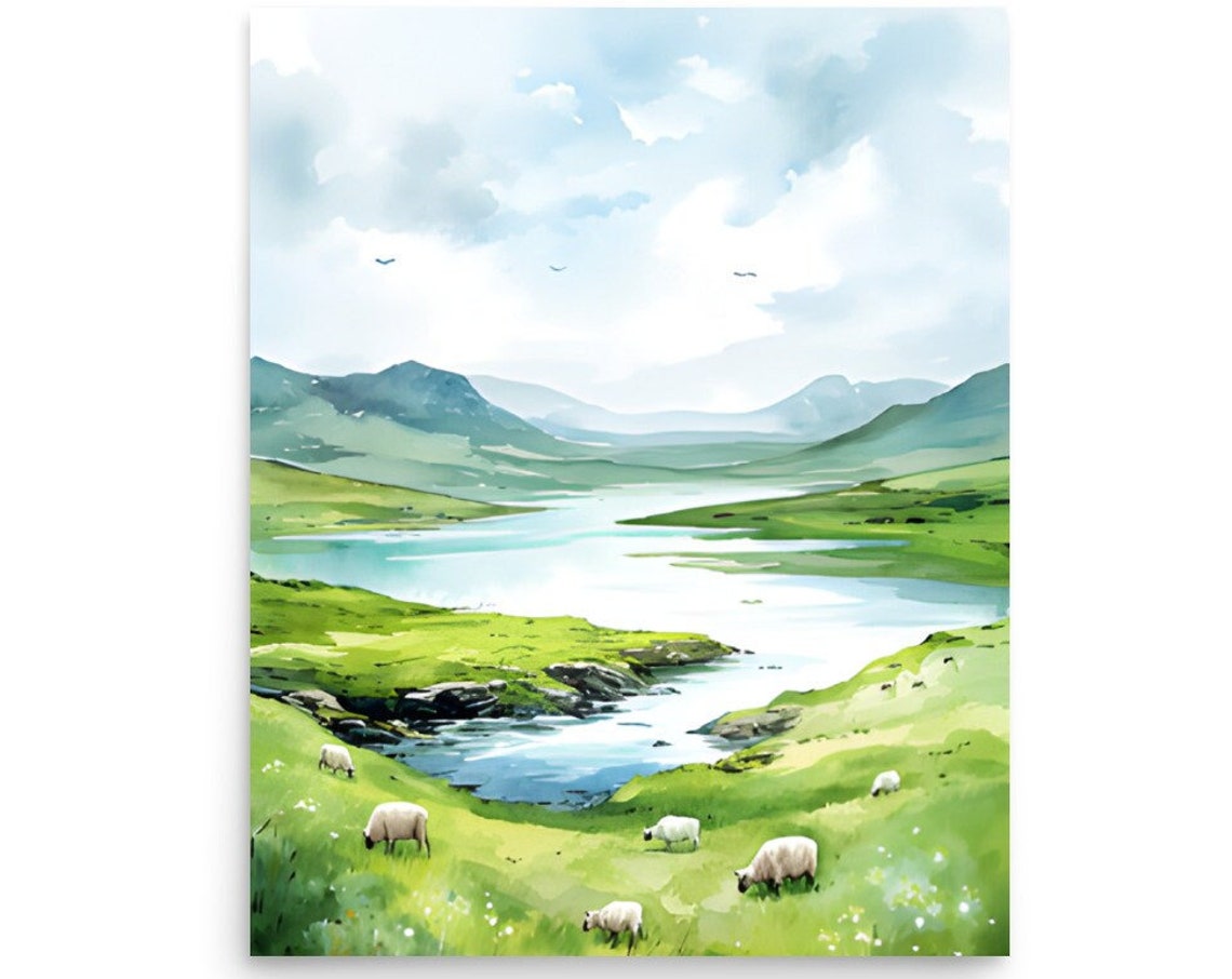 Green Hillside Meadow With Grazing Sheep By Lake Watercolor Wall Art
