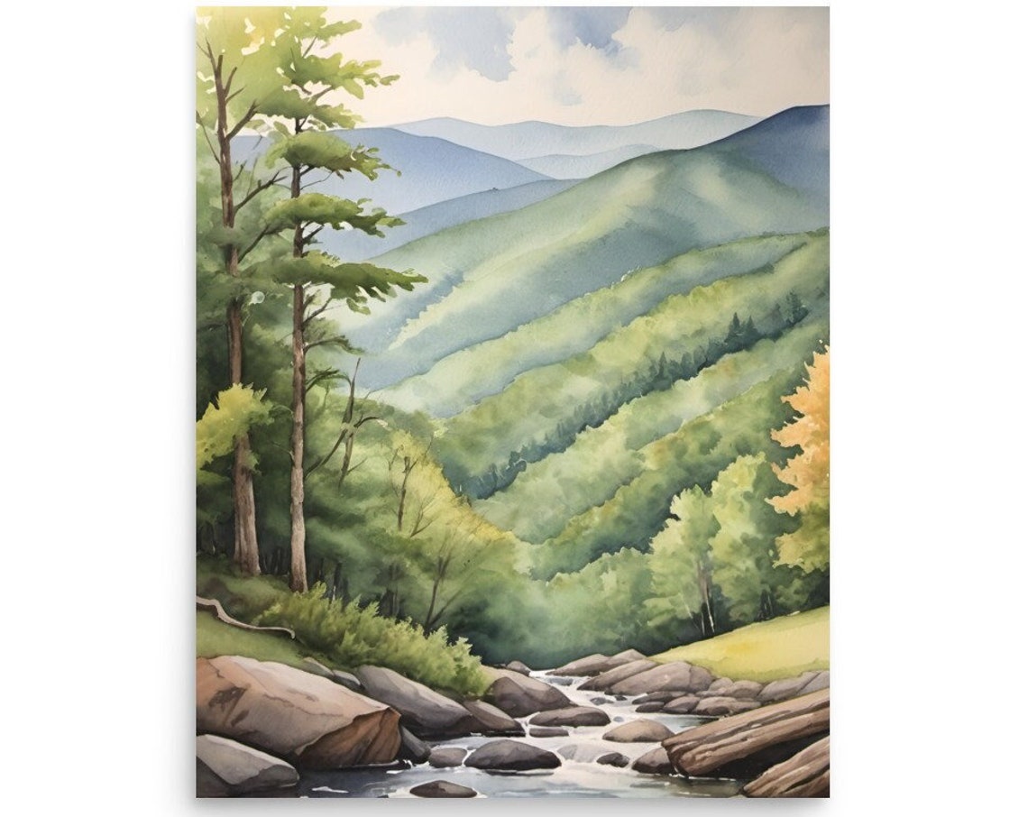 Appalachian Misty Green Mountain Valley Stream Watercolor Poster