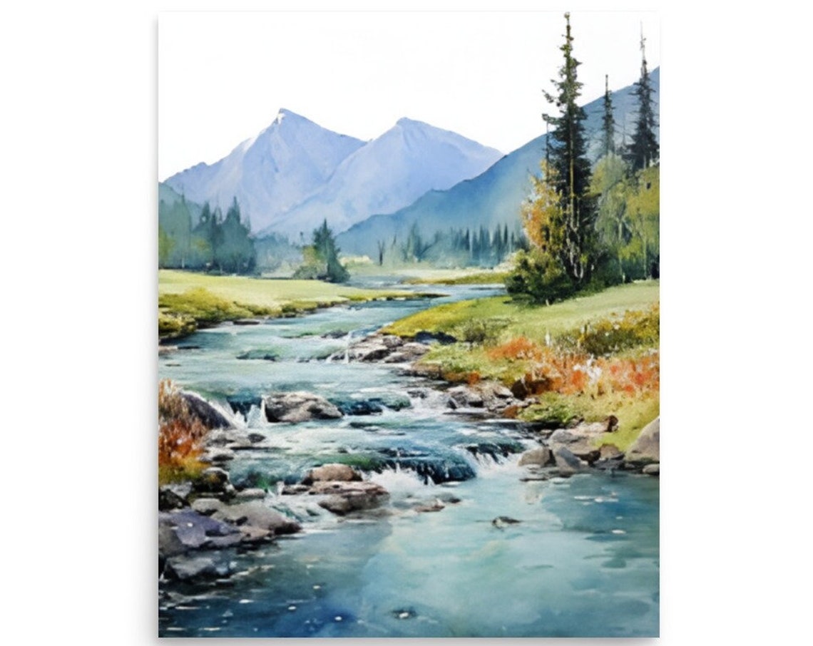 Rocky Mountain River Rushing Through Pine Forest Watercolor Poster