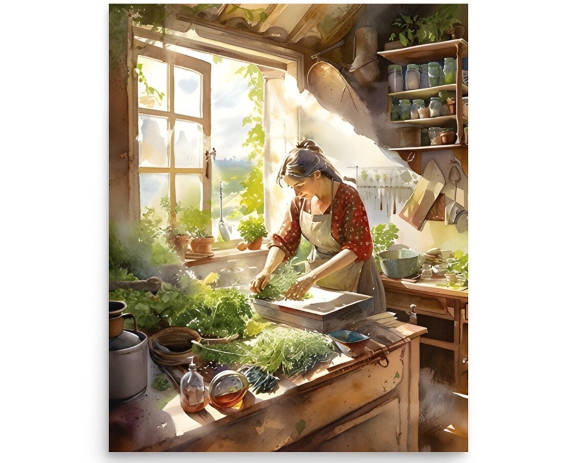Woman Preparing Herbs in a Sunny Country Kitchen Watercolor Poster