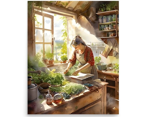 Woman Preparing Herbs in a Sunny Country Kitchen Watercolor Poster