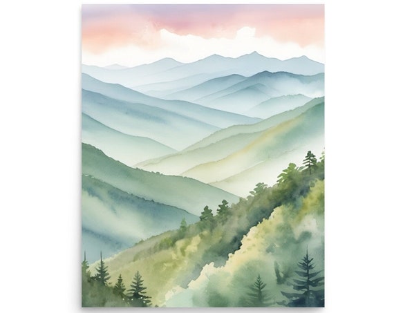 Great Smoky Mountains Painting Sunrise Watercolor Art Print Mountain Range Wall Art Minimalist Soft Colors Print Mountain Landscape Print