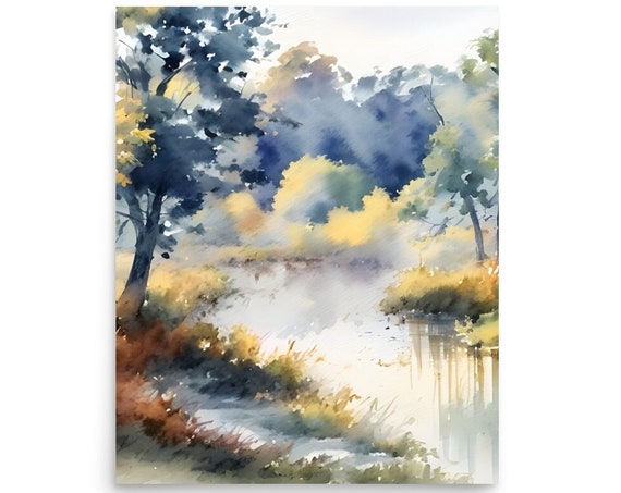 Vermont Painting Forest River Landscape Watercolor Art Print Misty Forest Wall Art Panoramic Country Landscape Poster Vermont Nature Art