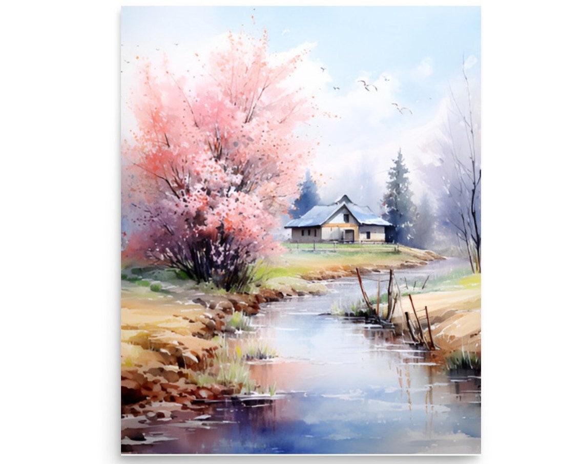 Spring Country Landscape Painting Vermont Watercolor Art Print Cherry Blossom Tree Art Watercolor Farmhouse Poster Country River Wall Art