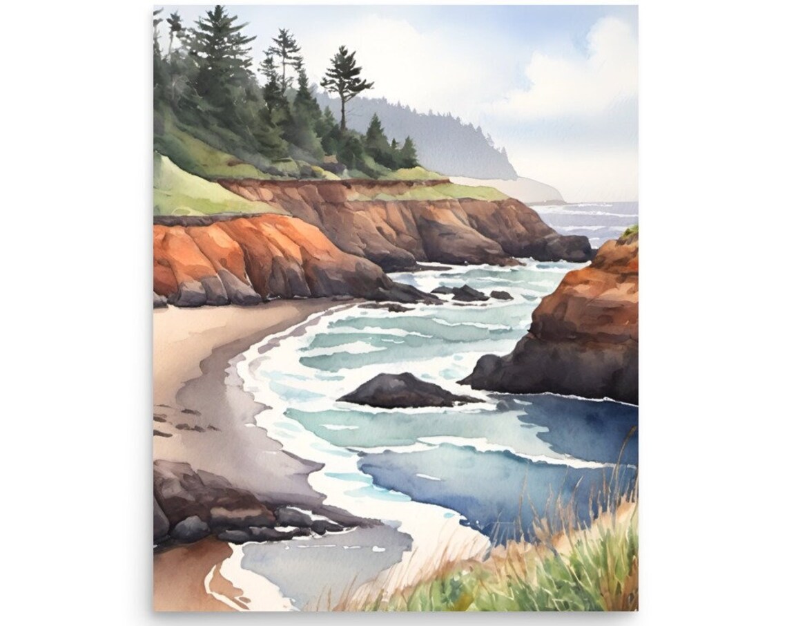 Yachats Coast Oregon Coastline Watercolor Art Print