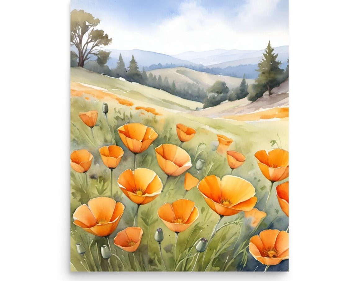 California Poppies Meadow Painting Orange Poppies Watercolor Art Print Wildflowers Meadow Artwork California Country Landscape Wall Art