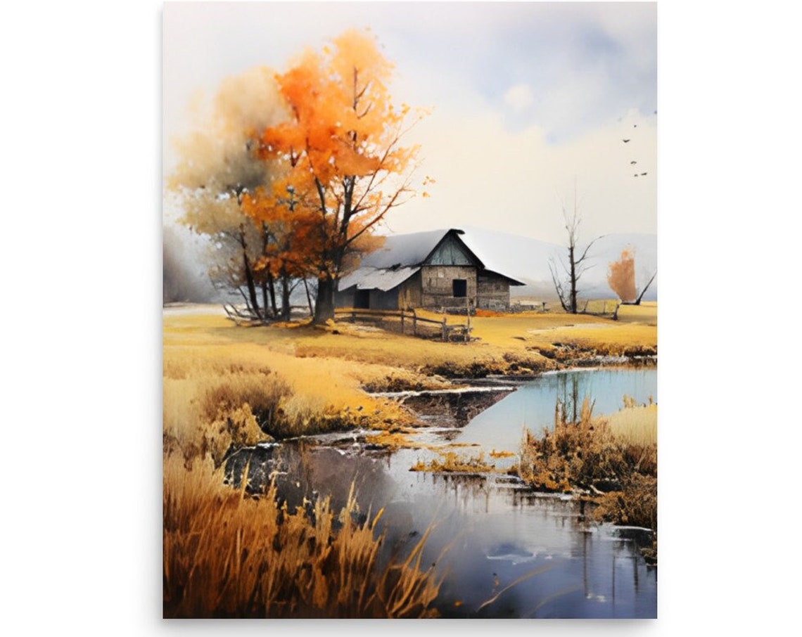 Golden Autumn Barn By Still Pond With Fiery Orange Tree Art Poster