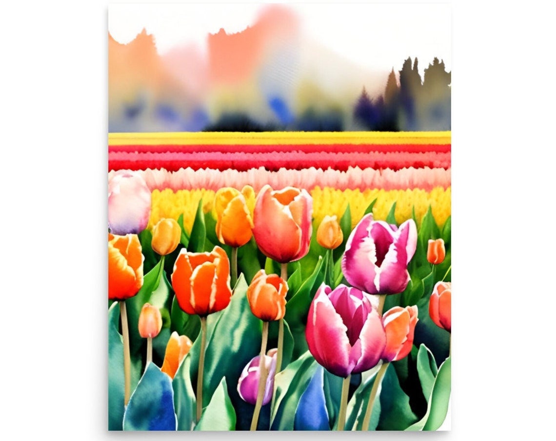 Tulips Painting Field Of Tulips Watercolor Art Print Spring Landscape Wall Art Field Of Spring Flowers Watercolor Art Floral Landscape Print