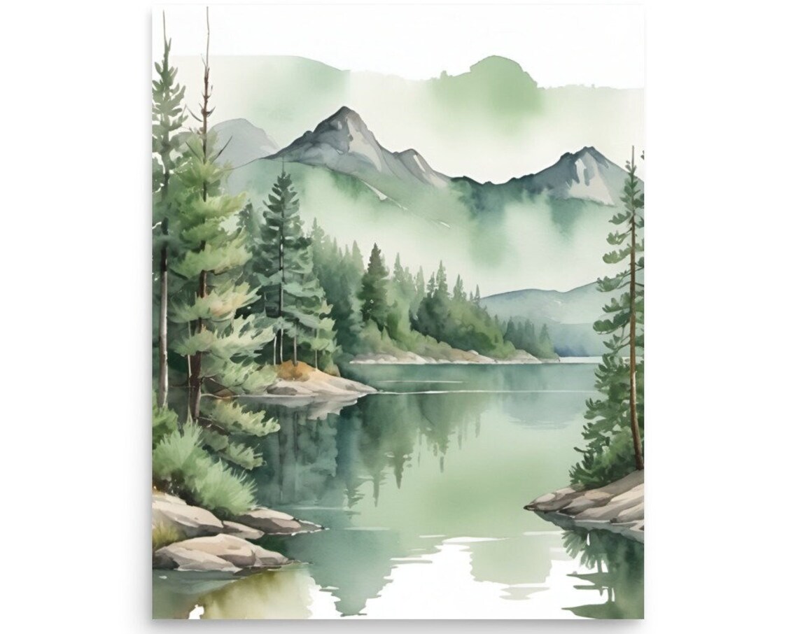 Redfish Lake Watercolor Landscape Art Print, Idaho