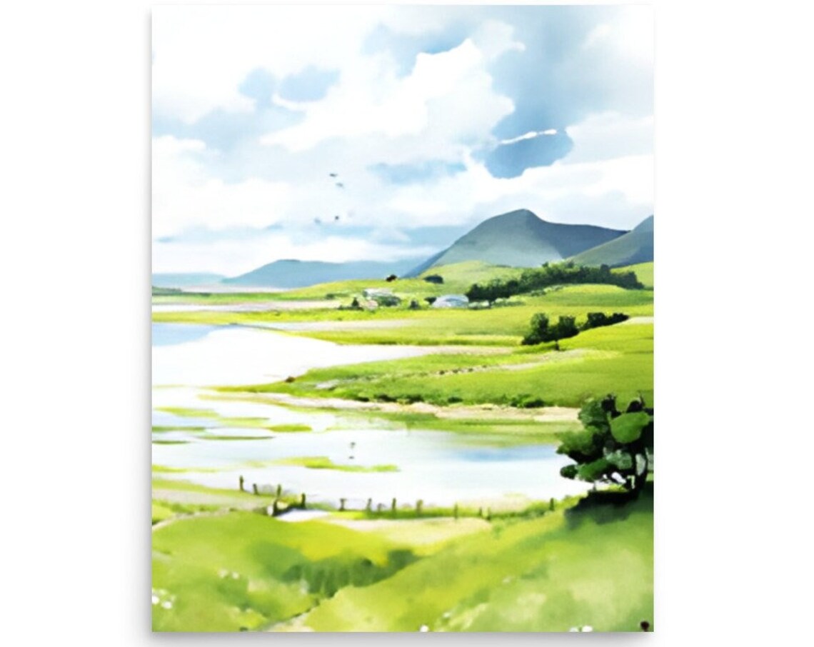 Sunlit Green Meadow River And Hills Watercolor Landscape Wall Art
