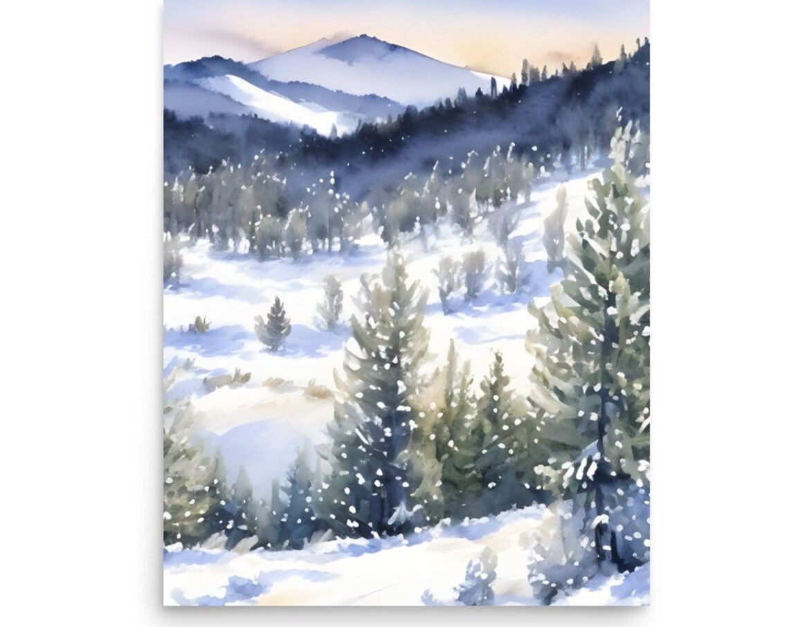 Snowy Mountain Valley At Sunset With Tall Pines Watercolor Art Print