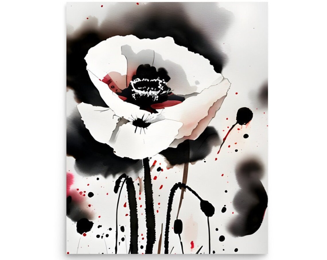 White Poppy Flower With Black Ink Watercolor Fine Art Poster