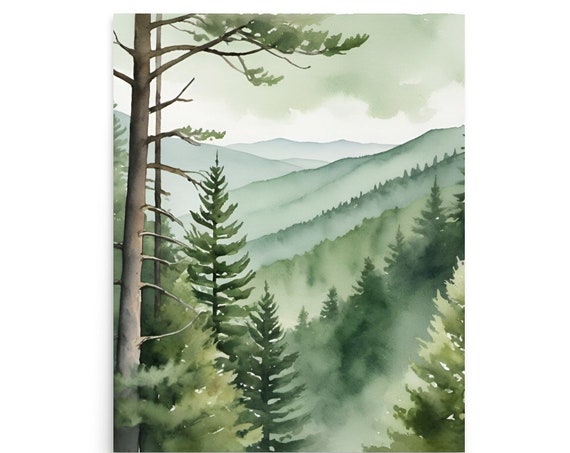 Appalachian Mountains Painting Misty Pine Trees Watercolor Art Print Mountain Landscape Wall Art Evergreen Forest Artwork Blue Green Art