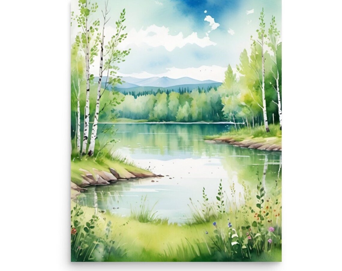 Birch Forest Mountain Lake Watercolor Summer Landscape Art Poster