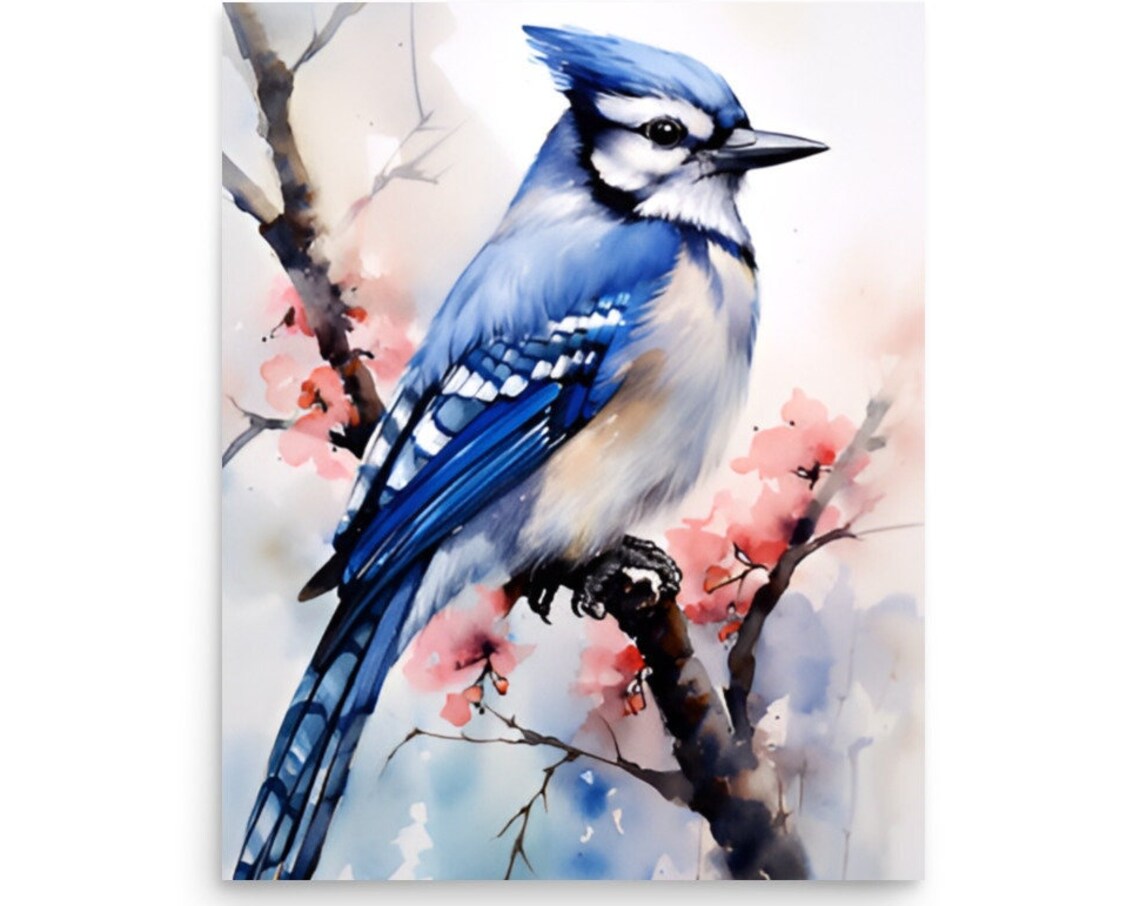 Blue Jay on Blossoming Branch Vivid Watercolor Bird Portrait Poster