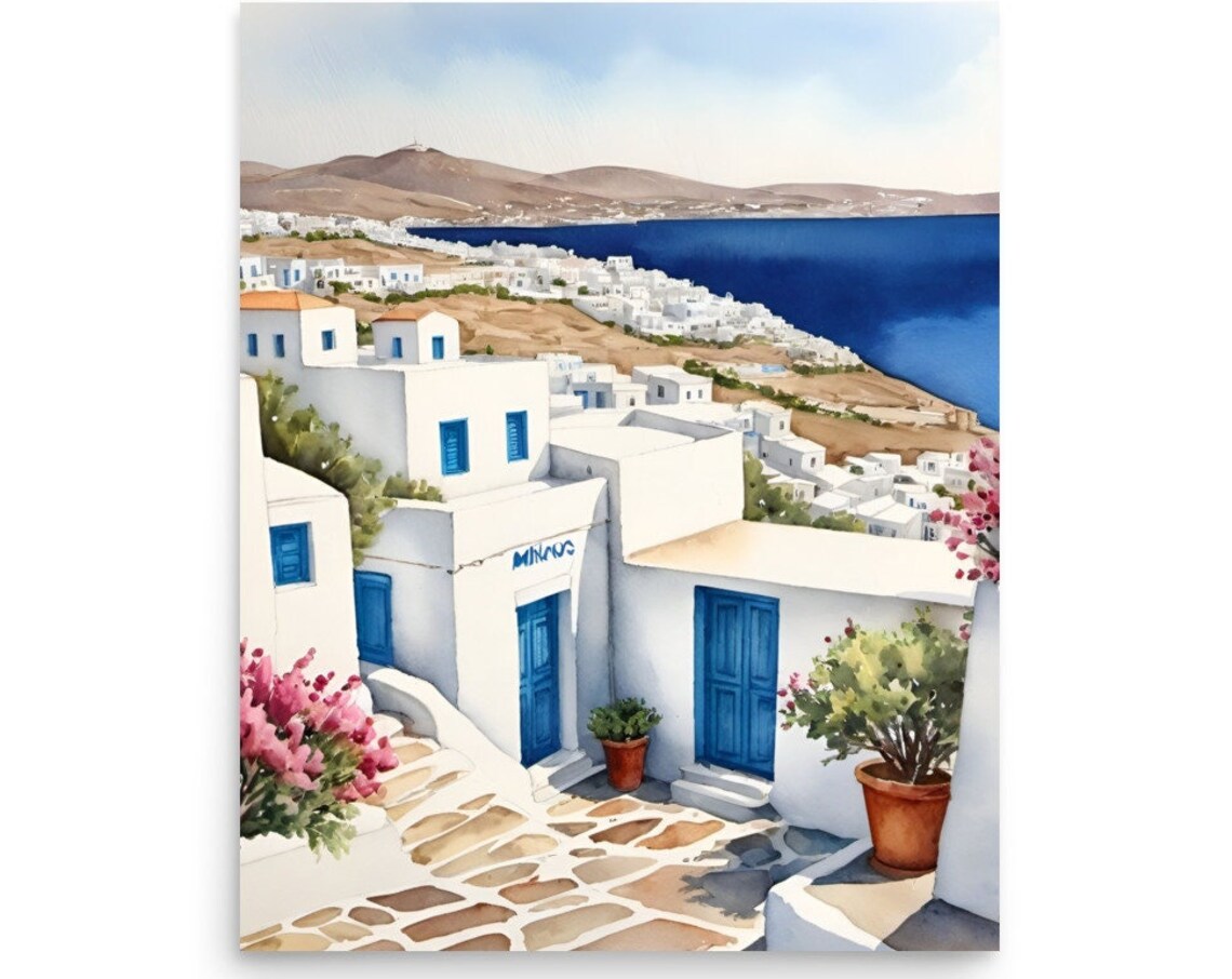 Mykonos White Blue Buildings Cobblestone Street Watercolor Poster