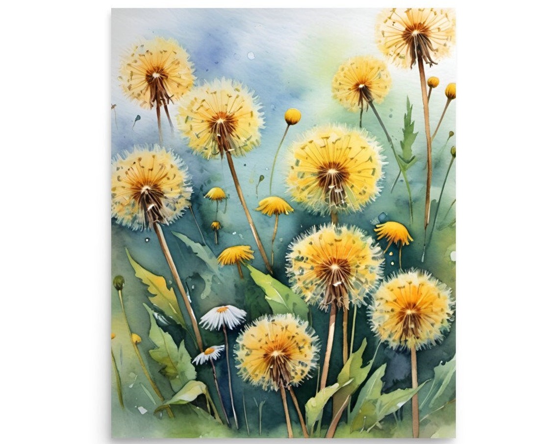 Dandelion Watercolor Painting Wildflowers Meadow Art Print Yellow Flowers Poster Floral Wall Art Wildflowers Watercolor Large Prints