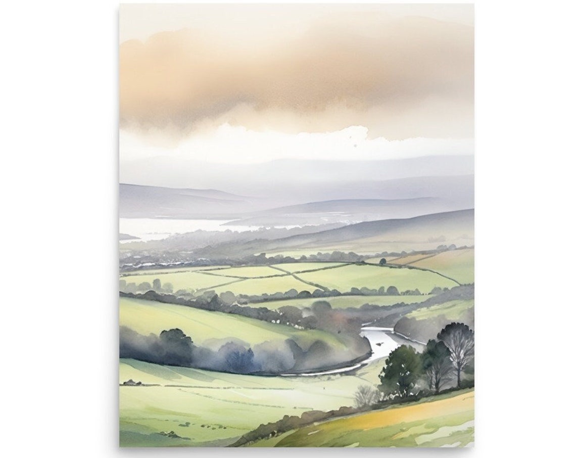Ireland Painting Irish Foggy Landscape Watercolor Art Print Ireland Panoramic Country Landscape Wall Art Smoky Irish Green Hills Nature Art