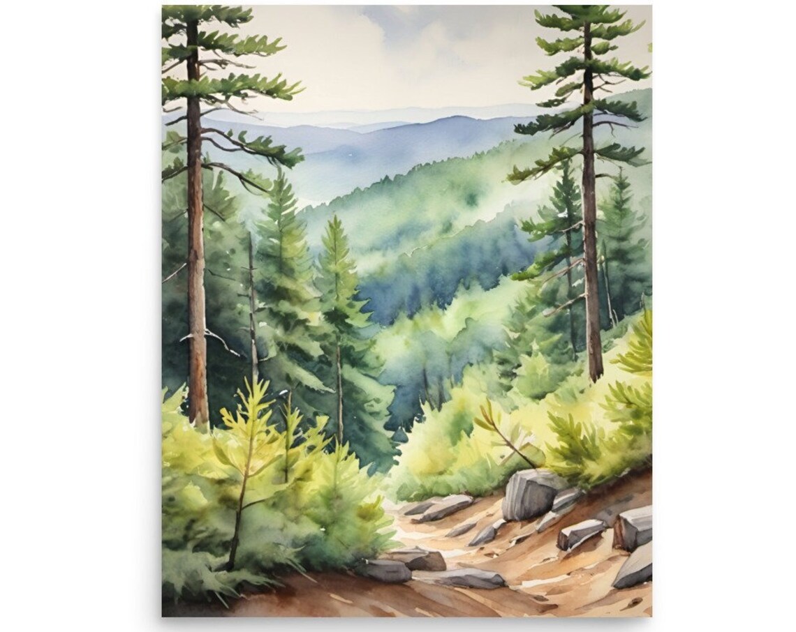 Appalachian Mountains Watercolor Art Print, Misty Pine Forest