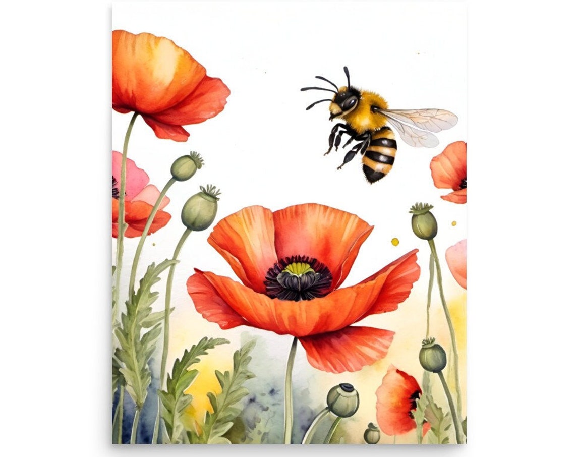 Poppies And Bee Painting Wildflowers Meadow And Bee Watercolor Art Print Poppies Wall Art Flowers And Bee Art Summer Wildflowers Meadow Art