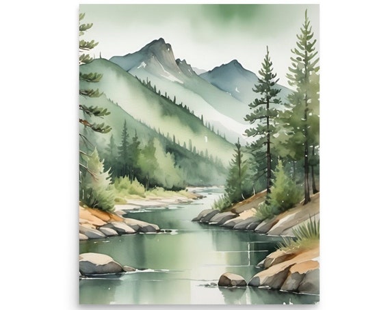 Salmon River Painting Idaho Watercolor Art Print Mountain River Wall Art Watercolor Foggy Pine Forest Landscape Pacific Northwest Nature Art